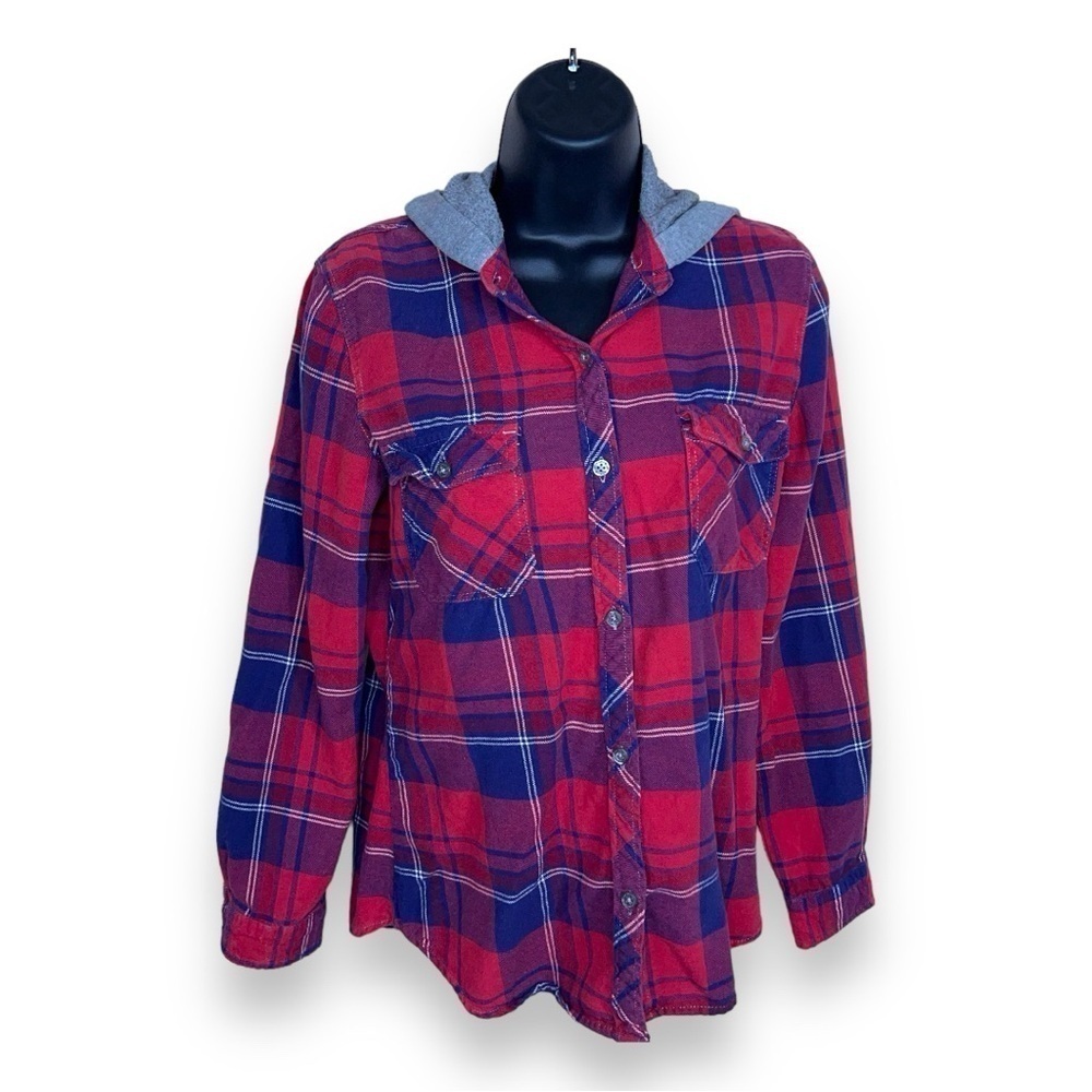 MEDIUM WOMENS EMPYRE RED PLAID HOODED BUTTON FRONT LONG SLEEVE
